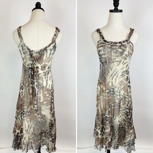 KOMAROV Leopard Print Dress S Ruffle Crinkle Pleated Empire Waist Sheer Sundress